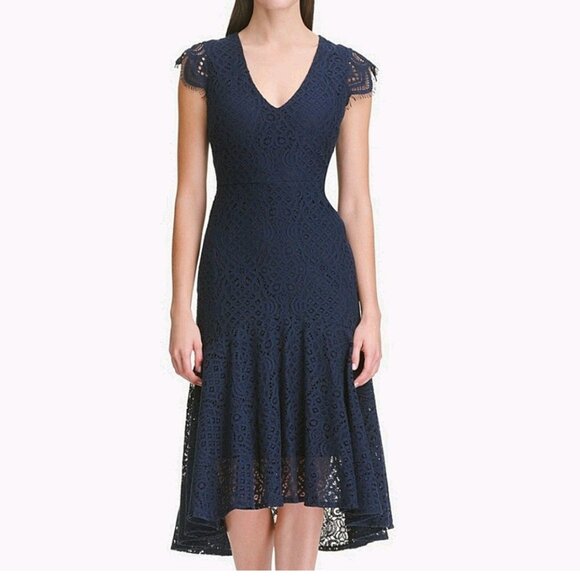 Tommy Hilfiger Navy Blue Lace Cap Sleeve Hi Low Dress, Size 6 - Picture 1 of 16